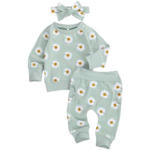 CIYCUIT 3Pcs Baby Girl Outfits Daisy Sweatshirt + Pants + Headband Infant Fall Winter Clothes Green 0-6 Months