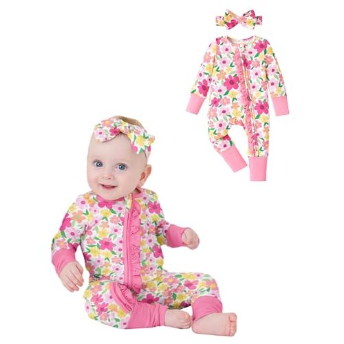 PATPAT Baby Girl Boy Clothes Newborn Infant Footie – Soft Viscose from Bamboo– 2-Way Zipper, Fold-Over Mitten, Ruffle Trim