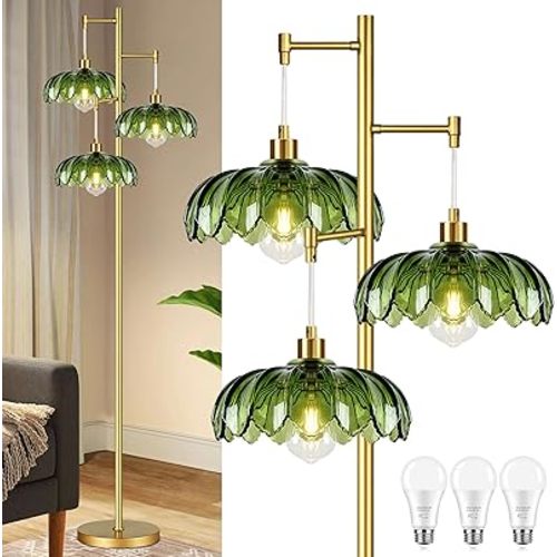 Gold Floor Lamps for Living Room Vintage Floor Lamp with Glass Lmapshape & Three Led Bulb,Green Floor Lamp Brass Mid Century Modern Standing Lamp Tall Tree Flower Floor Lamps for Bedroom,Office,Corner