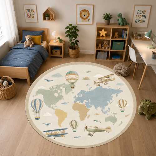 World Map Round Rug with Airplanes and Hot Air Balloons for Kids Rooms