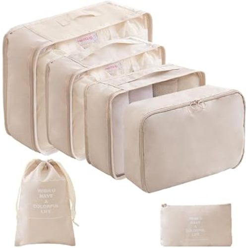 6 Set Packing Cubes for Travel, Luggage Organizers with Shoe & Toiletry Bags, Lightweight Suitcase Organizer for Carry-On, Washable Laundry Bags (Beige)