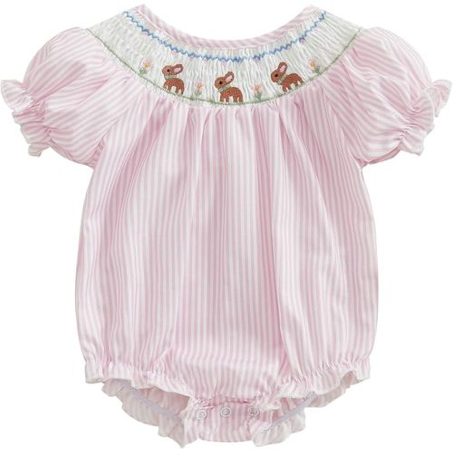 Easter Baby Girl Outfit Bunny Embroidery Bubble Romper Puff Short Sleeve Smocked Bodysuit Newborn Easter Clothes