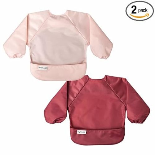Tiny Twinkle Long Sleeve Bib for Babies & Toddlers | 2-Pack Waterproof Smock Bib for Eating | Machine Washable & Mess-Proof Feeding Essentials | Newborn Shower Gift (Rose Burgundy,6–24M)