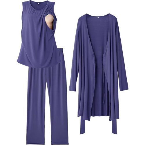 Rnxrbb Nursing Pajamas Robe Set for Women Breastfeeding Postpartum Pajama Gown for Hospital Maternity Pj 3 PCS