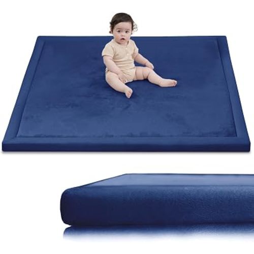 Ultra Soft Baby Play Mat for Floor, 1.3" Thick Elasti-Foam 59x59 Play Mat for Playpen,Water-Repellent Coral Velvet for Tummy Time, Non-Slip Backing,Safe for Toddlers & Infants(Dark Blue)
