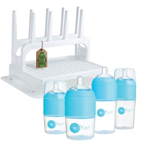 PopYum Blue Baby Bottle 4-Pack Set with White Drying Rack & Clear Drying Mat Bundle