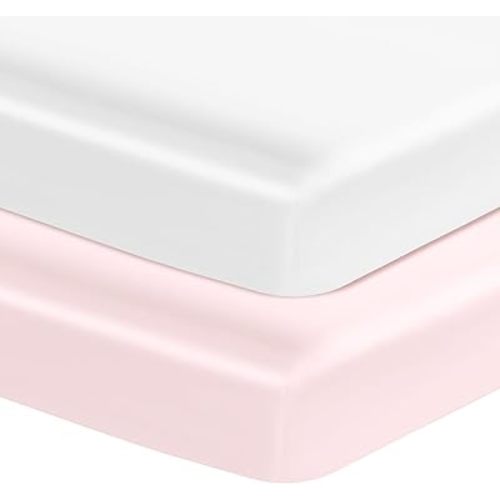 Entisn Satin Crib Sheets 2 Pack, 28 x 52 x 8 Inch Soft Fitted Crib Mattress Sheets for Baby Girls, White and Baby Pink Nursery Bedding Protect for Skin and Hair