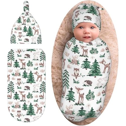 Cute Deer Swaddle Blanket with Beanie Set, Woodland Mushroom Print Baby Stuff Swaddle Sack Newborn Sleeping Sacks for Girls Boys