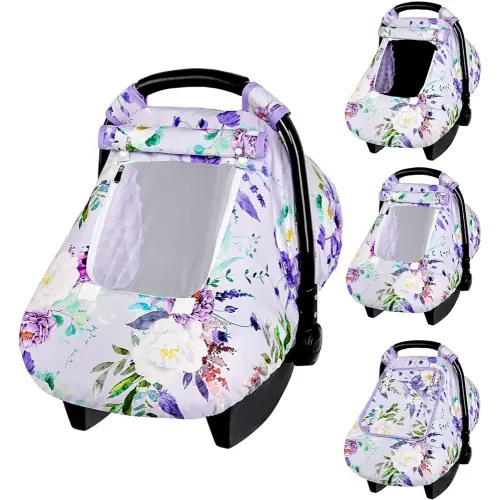 Purple Floral Waterproof Car Seat Cover for Babies, Windproof and Kick-Proof, Universal Fit, Soft Mink Plush Material