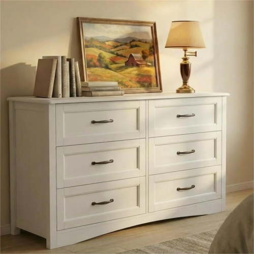 Lofka White Wooden 6 Drawer Dresser for Bedroom, Wide Storage Organizer Cabinet for Closet Living Room
