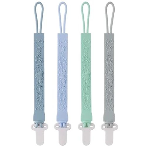 4-Pack Silicone Pacifier Clips with One-Piece Beads for Baby Boys and Girls - Flexible and Rust-Free Holders for Teething Relief and Baby Essentials, Safe for Newborns (Grey)