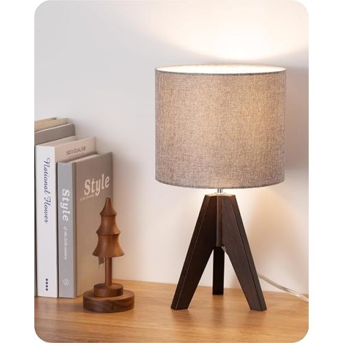 EDISHINE Boho Small Table Lamp, Wood Lamp, Grey Linen Lampshade,14.2 Inch