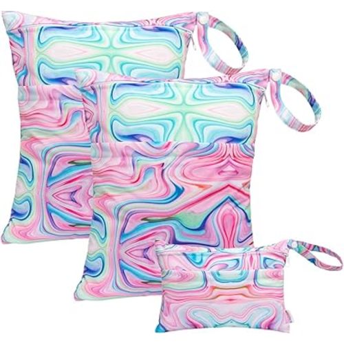 ALVABABY 3pcs Baby Cloth Diaper Wet/Dry Bags|Waterproof Reusable with Two Pockets|Travel, Beach, Pool, Daycare, Soiled Baby Items,Yoga，Gym Bag for Swimsuits or Wet Clothes Pink impression 3L-BS04