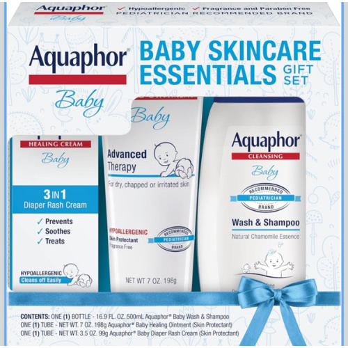 Aquaphor Baby Skin Care Essentials Gift Set with Baby Wash and Shampoo (16.9 Fl Oz) + Healing Ointment for Chapped Skin and Drool Rash (7Oz) + Diaper Rash Cream (3.5Oz), Hypoallergenic