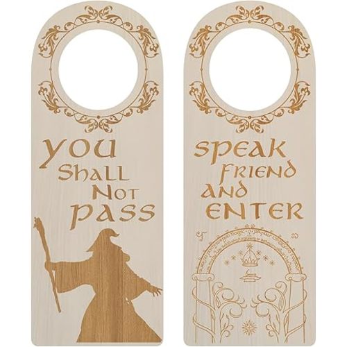 2 Pack Funny Lord of the Rings Wooden Door Knob Signs, One is Speak Friend and Enter Welcome hanger sign, The Other One is You Should Not Pass Hanging Wood Tag (Lord of the rings)