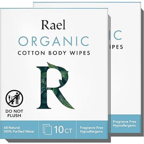 Rael Organic Cotton Wipes - Body Cloth, Individually Wrapped, All Skin Types, Vegan, Cruelty-Free, Unscented (10 Count, Pack of 2)