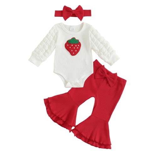 Amnnchya Newborn Baby Girl Clothes Strawberry Ribbed Romper Tops Bow Bell Bottoms Pants Fall Winter Coming Home Outfit Set