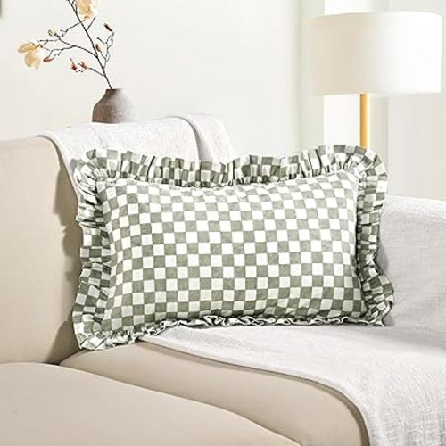CPC Cottagecore Sage Gingham Check Hand Block Print Cotton Ruffle Decorative Sham Covers with Hidden Zipper 12x20 Pack of 1 for Bed,Sofa, Couch, Living Room Gift Spring, Easter, Valentine