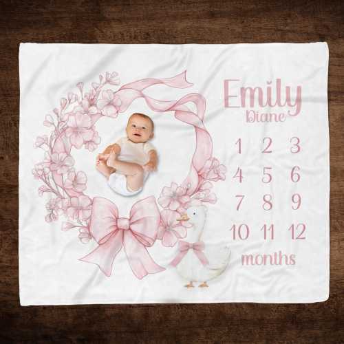 PERSONALIZED PINK GOOSE Milestone Blanket, Baby Girl Pink Bow Milestone, Goose Baby Month Growth Blanket, New Mom Gift, Gift for Baby Girl