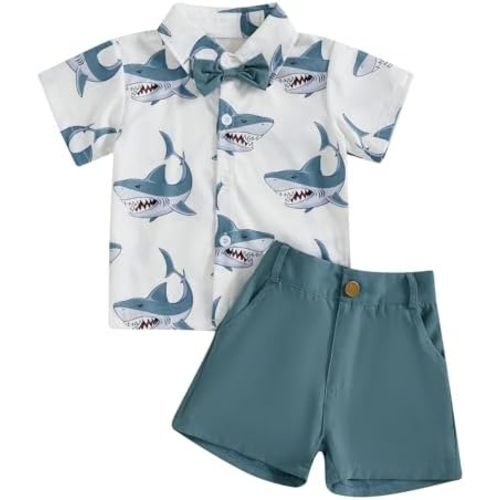 Toddler Baby Boys Shark Outfits Short Sleeve Button Down T Shirts and Shorts Set 2 Piece Formal Summer Clothes Sets