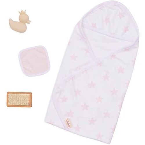LullaBaby – Hooded Bath Towel in Pink Star Pattern – Bath Toys & Pink Ducky– 14-Inch Baby Doll Accessories – Pretend Play 2+ Years– Baby Doll Bathtime Outfit
