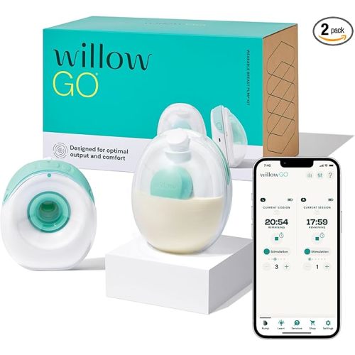 Willow Go Wearable Breast Pump, Hands Free Double Electric Breast Pump, Wireless In-Bra Design with 15 level Hospital Grade Suction, includes 24mm & 21mm Flanges & 5oz Reusable Containers, App enabled