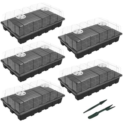 Gardzen 5-Set Seed Starter Tray Kits, Durable Plant Germination Trays with Humidity Vented Domes and Bases, Ideal for Seed Starting, Indoor Gardening, and Greenhouse (Total 200 Cells)