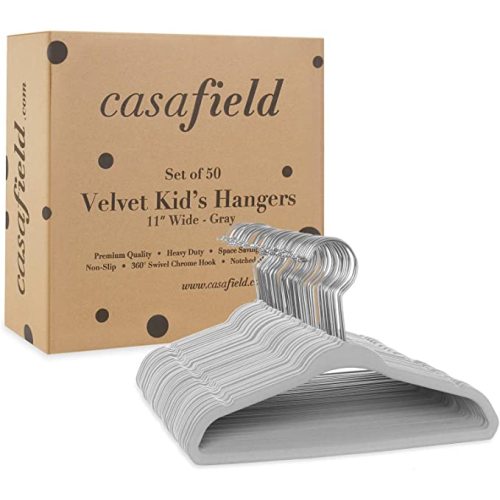 Casafield 50 Velvet Baby Hangers - 11" Size for Infant & Toddler Clothes - Gray