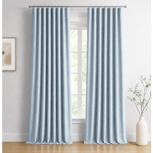 INOVADAY 100% Blackout Curtains for Bedroom, Chambray Blue Black Out Curtains 84 Inch Long, Clip Rings Linen Blackout Drapes, Thermal Insulated Room Darkening for Living Room, 2 Panels - W50xL84