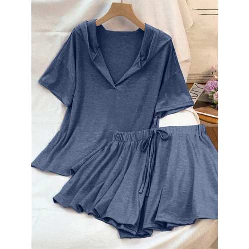 Women's Casual Hooded Two Pieces Set, Loose Fit Top And Drawstring Shorts For Summer Outfits, Medium Stretch Fabric, Chic Loungewear Elegant | SHEIN USA