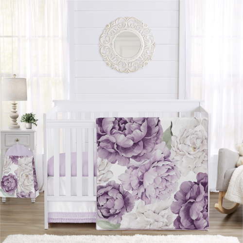 Sweet Jojo Designs Peony Floral Garden Purple Ivory 4 Piece Crib Bedding Set