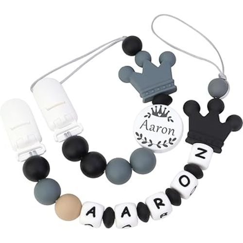Personalized Pacifier Clip with Name, Customizable Pacifier Clip (2 Pack) (Crown-Black)