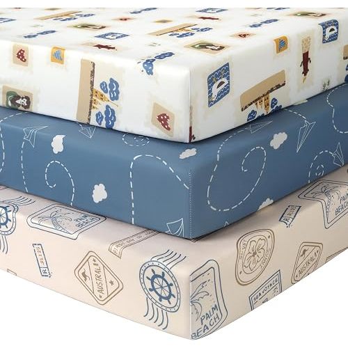Baby Mini Crib Sheets Boy, Portable 38”x26” Pack and Play Sheets Fitted for Playard and Pack N Play Mattress, 3-Pack Soft Microfiber Blue Brown Stamp