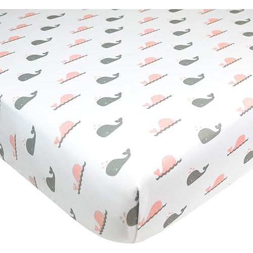 TL Care 100% Natural Cotton Fitted Crib Sheet 52" x 28" - Soft, Breathable, Hypoallergenic & Gentle Toddler Bed Sheet, Pink Whale, Neutral for Boys & Girls