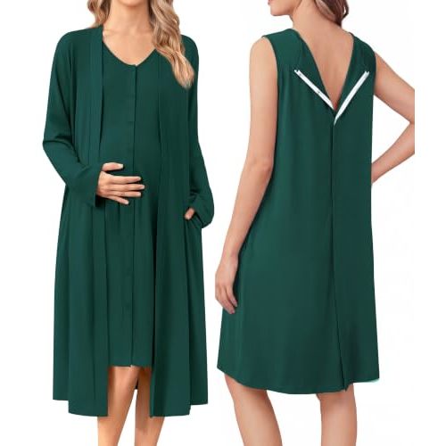 Ekouaer Labor and Delivery Gown and Robe Set for Hospital Nursing Nightgown | Open Back Birthing Gown, Maternity Nursing Pajamas Dress Breastfeeding, Button C Section Postpartum Clothes