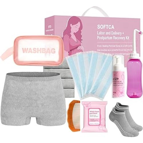 Postpartum Recovery Essentials Kit - Birth Comb,Peri Bottle,Disposable Postpartum Underwear,Perineal Healing Foam,Instant Ice Pads,Cooling Pad Liners,Socks,Wash Bag,Postpartum Kit Gift Set
