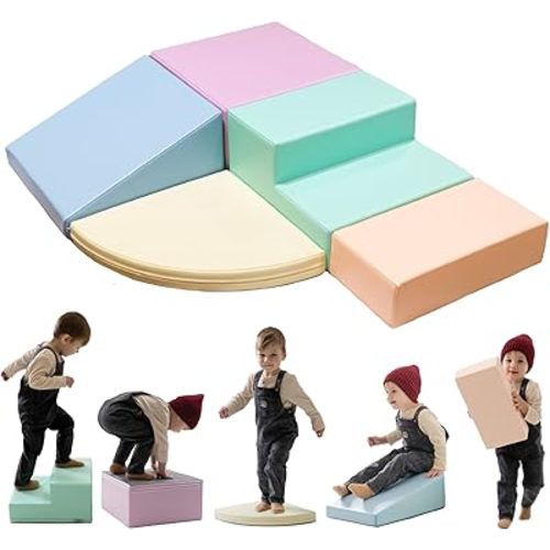 IGLU Soft Play Corner Climber Montessori Foam Blocks for Toddlers 1 Year Old with 5 Shape Forms Equipment for Kids in Pastel Colors