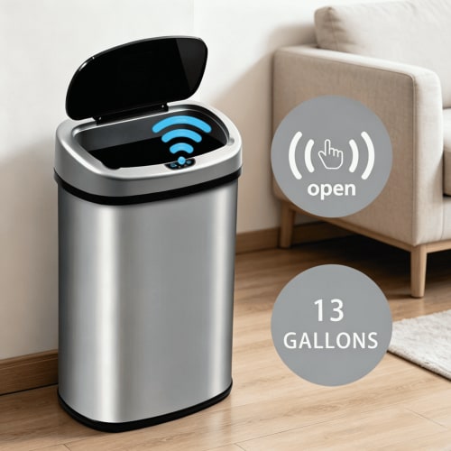 XF XINFENG 13 Gallon Kitchen Trash Can, Automatic Touchless, Stainless Steel, Home/Office, Waste Bin, Silver, Black Lid