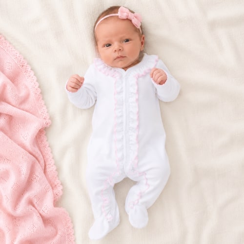 Baby Girl White Footie with Pink Ruffle - Peruvian Pima Cotton – Magnolia Baby