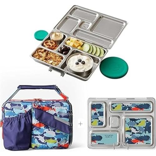 PlanetBox Rover Stainless Steel Bento Box Style Lunch Box Kit for Kids with 5 Compartments, Camo Shark Edition includes Insulated Lunch Bag, Leakproof Food Containers and Matching Magnets