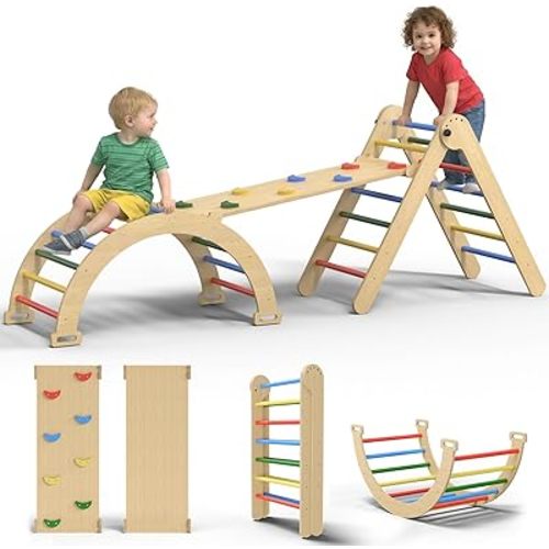 Large Pikler Triangle Set, 7-in-1 Toddler Climbing Toys Indoor, Wooden Montessori Climbing Set with Arch Ramp Ladder, Foldable Baby Jungle Gym Playground (Rainbow RD)
