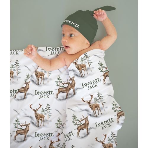 Buck Swaddle Set with Name- Blanket Beanie Hat - Personalized Baby Boy Deer Blanket Newborn Hospital Photo -Woodland Blanket- Baby Gift -326