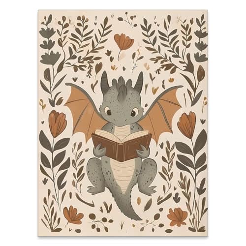 FuSatisYilife Cute Baby Dragon Canvas Wall Art Reading Poster Whimsical Folk Art Prints Dragon Picture Painting for Nursery Kids Room Library Classroom Reading Nook Bookish Decor 12x16inch Unframed