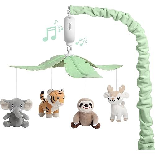 Baby Crib Mobile for Boys and Girls, Soft Plush Jungle Safari Animals Elephant Tiger Sloth Deer, Babies Nursery Decor, Calming Soother with 12 Lullabies Essential and Perfect Gift