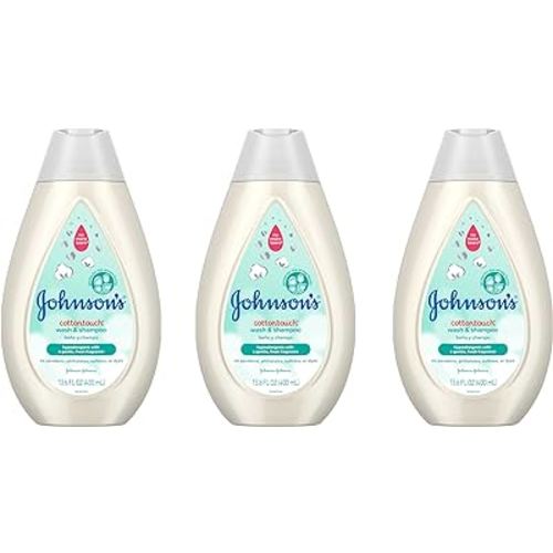 Johnson's CottonTouch Newborn Baby Wash & Shampoo with No More Tears, Sulfate-, Paraben- Free for Sensitive Skin, Made with Real Cotton, Gently Washes Away Dirt & Germs, 13.6 fl. oz, Pack of 3