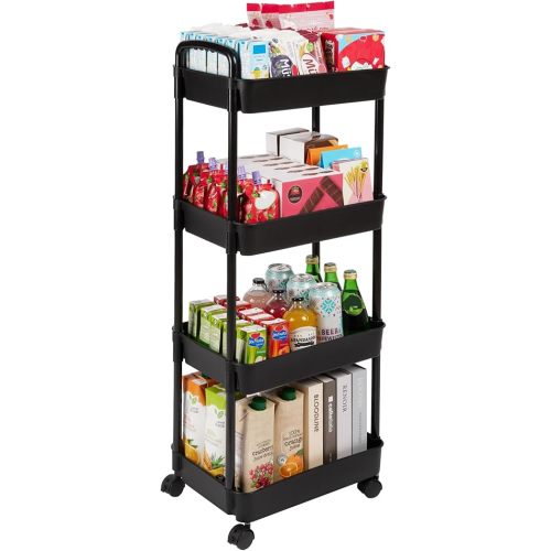Vtopmart 4 Tier Rolling Cart with Wheels, Detachable Utility Storage Cart with Handle and Lockable Casters, Storage Basket Organizer Shelves, Easy Assemble for Bathroom, Kitchen, Black