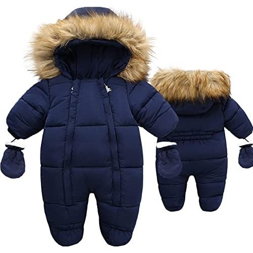 Fairy Baby Infant Baby Winter Snowsuit Coat Romper Hooded Double Zipper Fur Collar Warm Jumpsuit for Boys Girls 6-24 Months