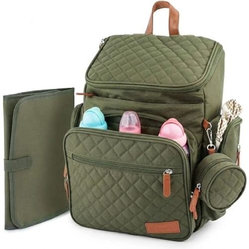 DELMAR BABY Large Diaper Bag Backpack for Mom & Dad | Unisex Baby Travel Bag | 15 Pockets | Changing Pad | Stroller Straps | Stylish & Washable | Newborn Essentials | Army Green