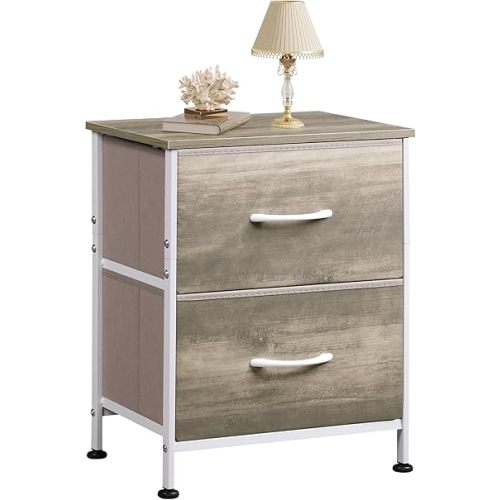 WLIVE Nightstand, 2 Drawer Dresser for Bedroom, Small Dresser with 2 Drawers, Bedside Furniture, Night Stand, End Table with Fabric Bins for Bedroom, Closet, College Dorm, Greige Oak