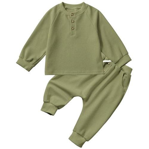 SunoZee Toddler Baby Waffle Long Sleeve Sweatshirt ButtonTop Jogger Pants Set Cute Fall Winter Clothes Set Outfits